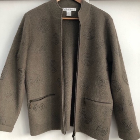 Olive Green Textured Zip-Up Vintage Pure Wool Embroidered Cardigan - Picture 5 of 5